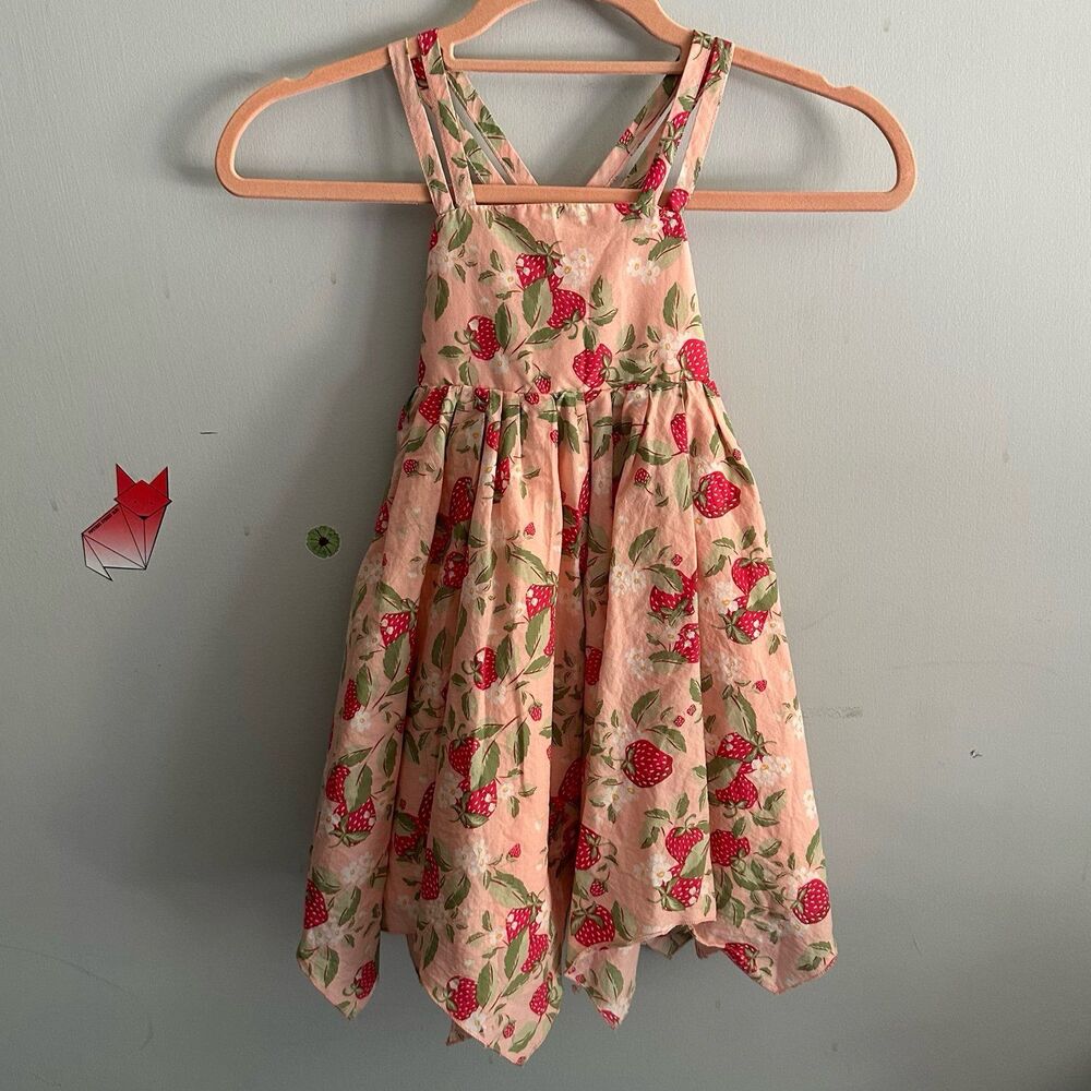 Cynthia Rowley Girls Pink & Red Strawberry Print Handkerchief Hem Dress Size 4